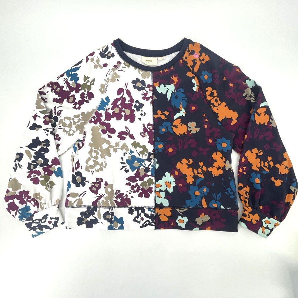Anthropologie Maeve Split Patchwork Floral Puff Sleeve Sweatshirt Med Pullover